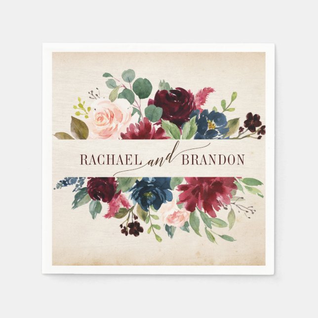 Burgundy Navy Floral Rustic Boho Country Wedding Napkins (Front)