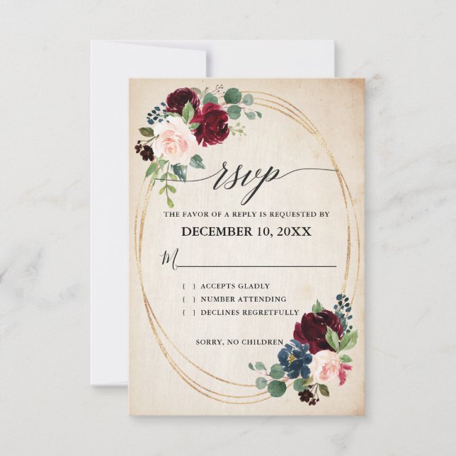 Burgundy Navy Floral Rustic Boho Country Wedding R RSVP Card (Front)