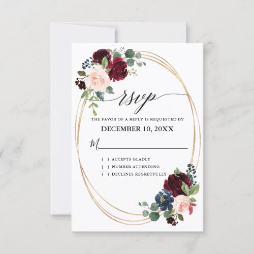 Burgundy Navy Floral Rustic Boho Country Wedding RSVP Card - Watercolor burgundy red navy blush pink rustic country classy floral wedding RSVP card template with green botanical foliage and eucalyptus leaves in wooden background. This beautiful easy to customize design can match easily with your wedding colors, styles and theme and it is a perfect choice for fall midsummer or winter country weddings. You can find more matching designs from my store or contact me if you need any help in design customization.