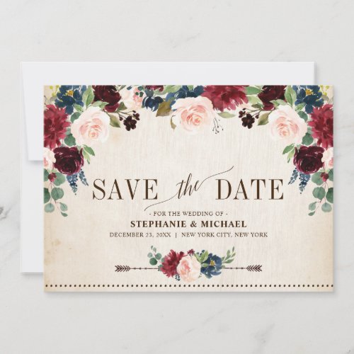 Burgundy Navy Floral Rustic Boho Country Wedding Save The Date