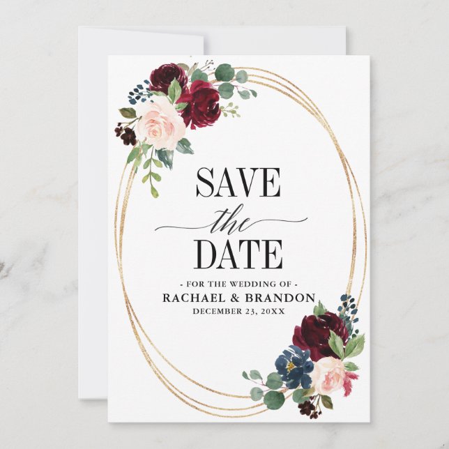 Burgundy Navy Floral Rustic Boho Country Wedding Save The Date (Front)