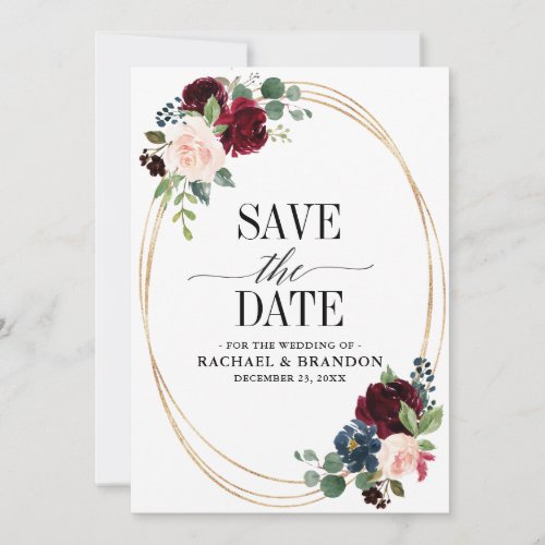 Burgundy Navy Floral Rustic Boho Country Wedding Save The Date - Watercolor burgundy red navy blush pink rustic country classy floral wedding save the date card template with green botanical foliage and eucalyptus leaves in oxblood burgundy background. This beautiful easy to customize design can match easily with your wedding colors, styles and theme and it is a perfect choice for fall midsummer or winter country weddings. You can find more matching designs from my store or contact me if you need any help in design customization.