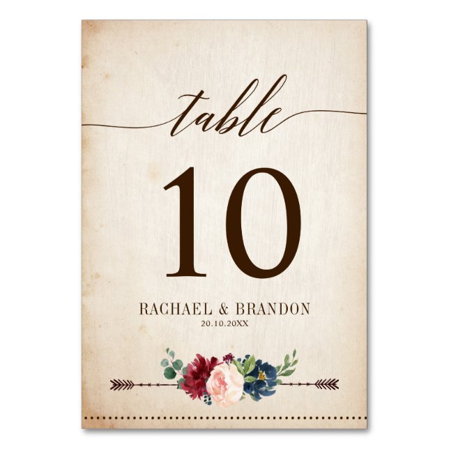 Burgundy Navy Floral Rustic Boho Country Wedding Table Number (Front)