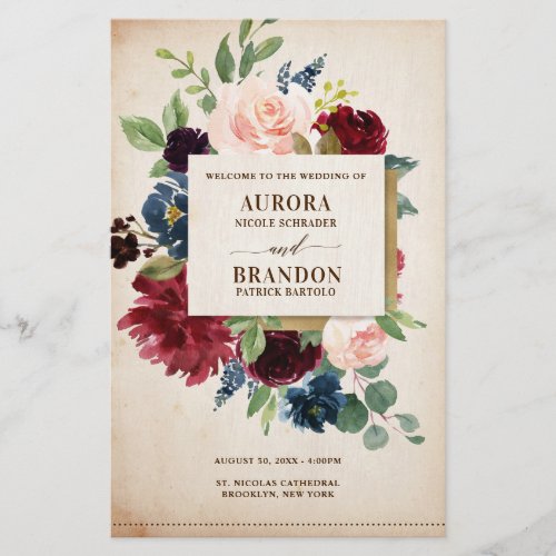 Burgundy Navy Floral Rustic Boho Wedding Program