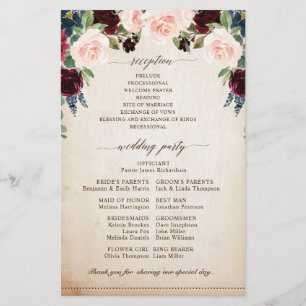 Burgundy Navy Floral Rustic Boho Wedding Program