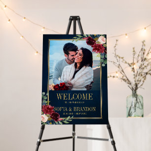 Burgundy Navy Floral Rustic Boho Wedding Welcome  Foam Board