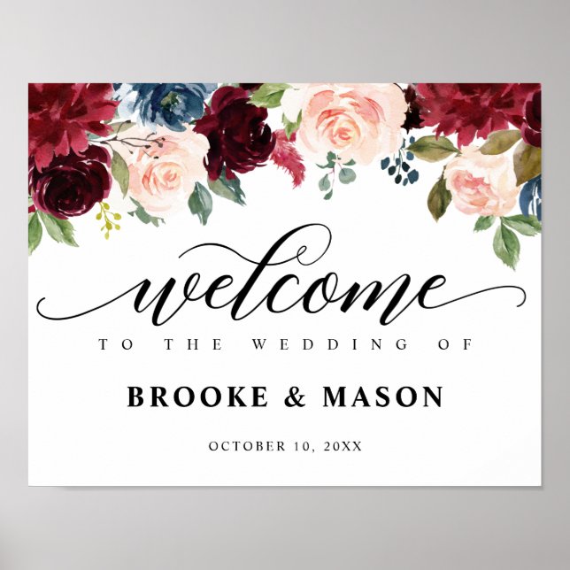 Burgundy Navy Floral Rustic Boho Wedding Welcome Poster (Front)