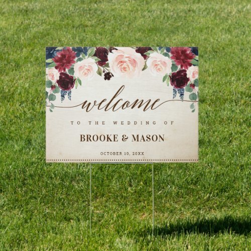 Burgundy Navy Floral Rustic Boho Wedding Welcome S Sign