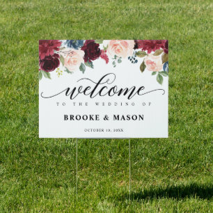 Burgundy Navy Floral Rustic Boho Wedding Welcome Sign