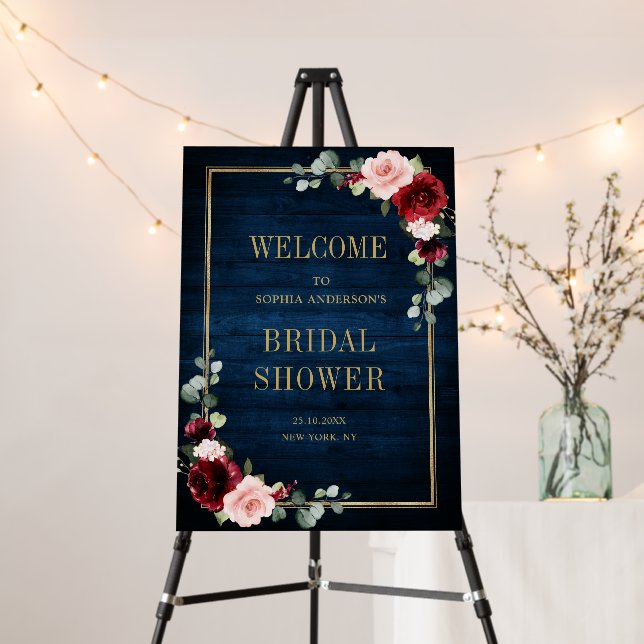 Burgundy Navy Floral Rustic Bridal Shower Welcome  Foam Board (In Situ (Stand))