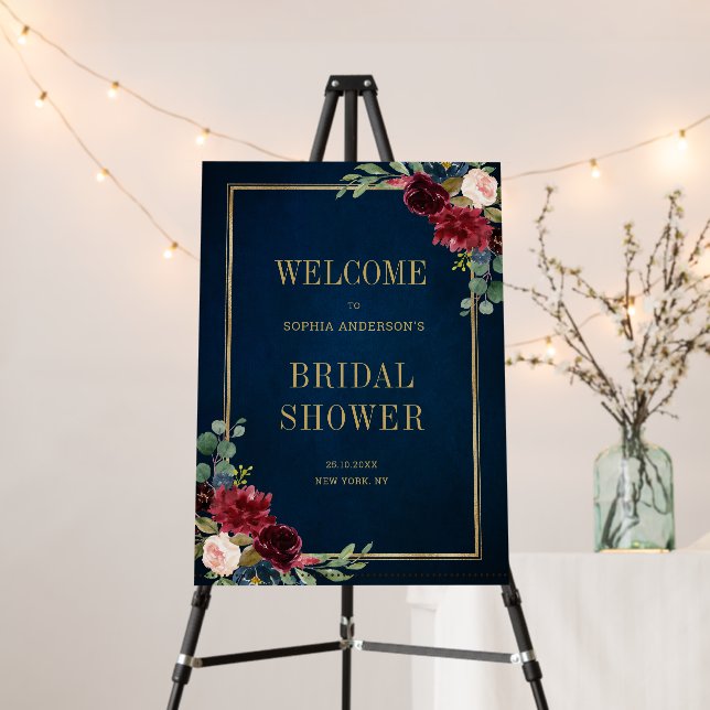 Burgundy Navy Floral Rustic Bridal Shower Welcome  Foam Board (In Situ (Stand))