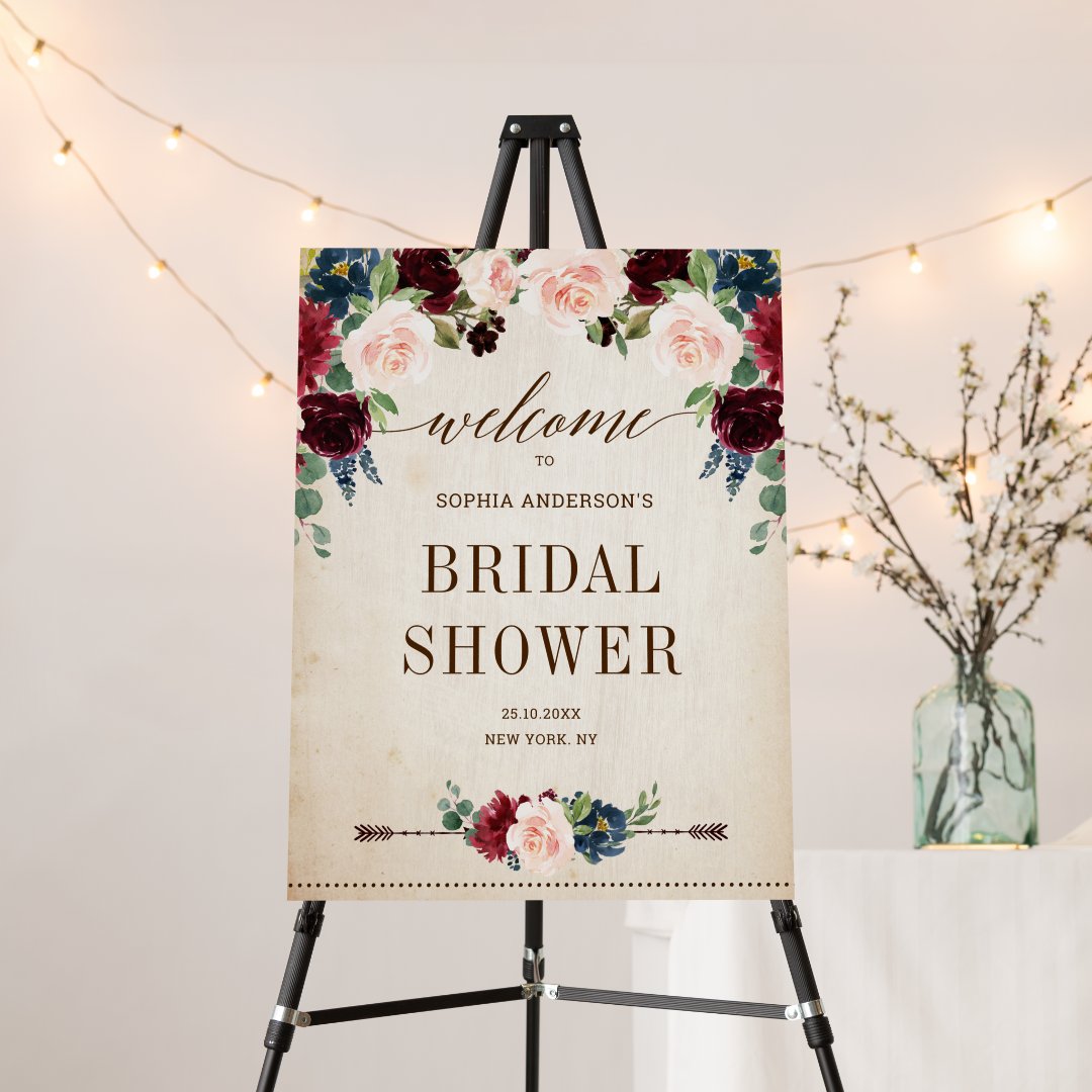 Burgundy Navy Floral Rustic Bridal Shower Foam Board Zazzle