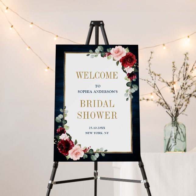Burgundy Navy Floral Rustic Bridal Shower Welcome  Foam Board (In Situ (Stand))