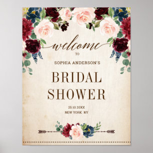 Burgundy Navy Floral Rustic Bridal Shower welcome Poster