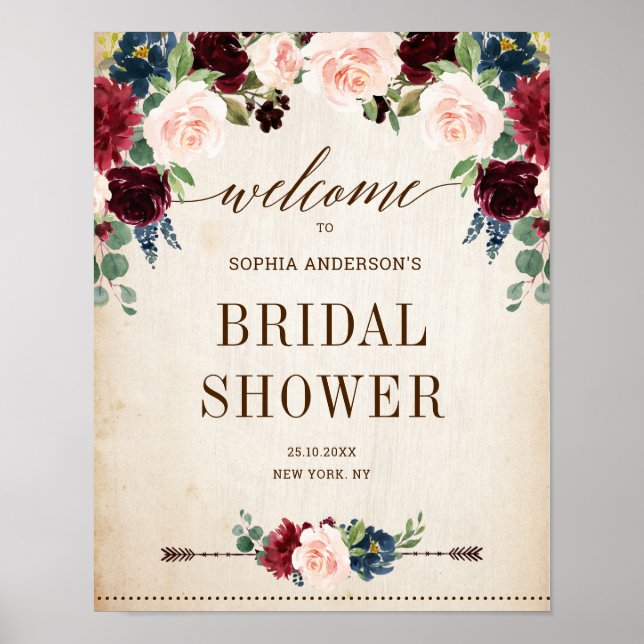 Burgundy Navy Floral Rustic Bridal Shower welcome Poster (Front)