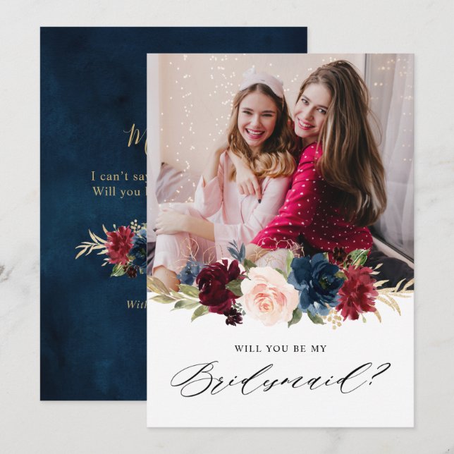 Burgundy Navy Floral Rustic Bridesmaid Proposal In Invitation (Front/Back)