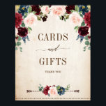 Burgundy Navy Floral Rustic Cards and Gifts Poster<br><div class="desc">Watercolor burgundy red navy blush pink rustic country classy floral wedding cards and gifts sign template with green botanical foliage and eucalyptus leaves in wooden background. This beautiful easy to customize design can match easily with your wedding colors, styles and theme and it is a perfect choice for fall midsummer...</div>