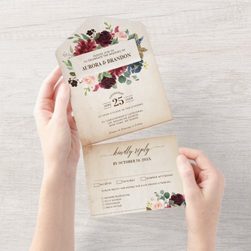 Burgundy Navy Floral Rustic Country Boho Wedding All In One Invitation