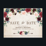Burgundy Navy Floral Rustic Country Save the Date Announcement Postcard<br><div class="desc">Watercolor burgundy red navy blush pink rustic country classy floral wedding save the date card template with green botanical foliage and eucalyptus leaves in wooden background. This beautiful easy to customize design can match easily with your wedding colors, styles and theme and it is a perfect choice for fall midsummer...</div>