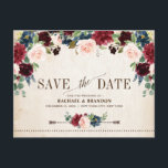 Burgundy Navy Floral Rustic Country Save the Date Announcement Postcard<br><div class="desc">Watercolor burgundy red navy blush pink rustic country classy floral wedding save the date card template with green botanical foliage and eucalyptus leaves in wooden background. This beautiful easy to customize design can match easily with your wedding colors, styles and theme and it is a perfect choice for fall midsummer...</div>