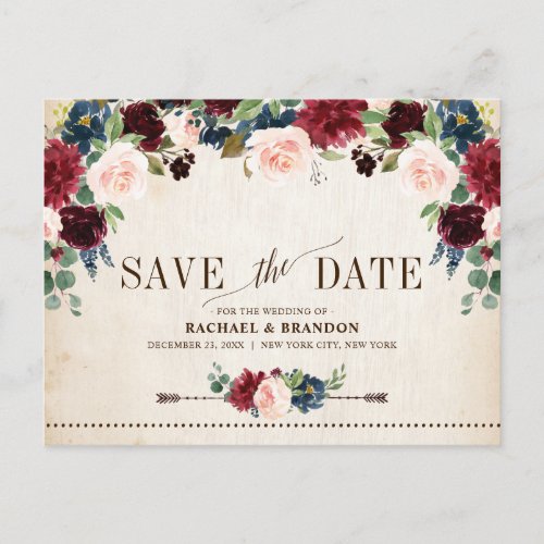 Burgundy Navy Floral Rustic Country Save the Date Announcement Postcard