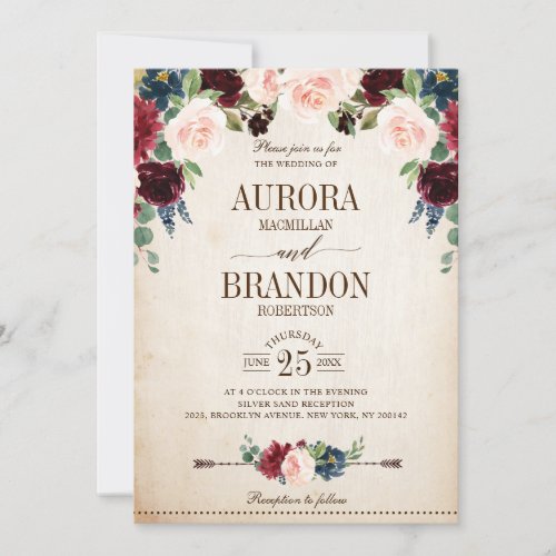 Burgundy Navy Floral Rustic Country Wedding Invitation