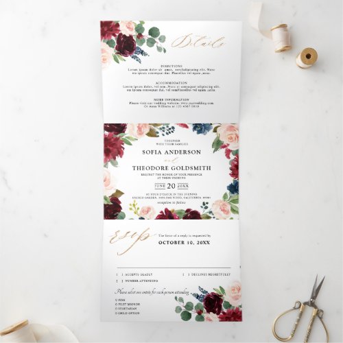 Burgundy Navy Floral Rustic Country Wedding Tri_Fold Announcement