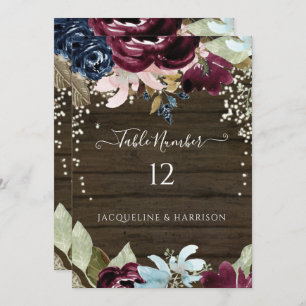 Burgundy Navy Floral Rustic Lights Table Number