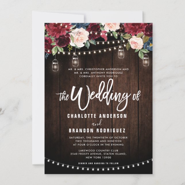 Burgundy Navy Floral Rustic String Light Wedding Invitation (Front)