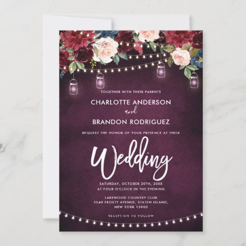 Burgundy Navy Floral Rustic String Light Wedding Invitation