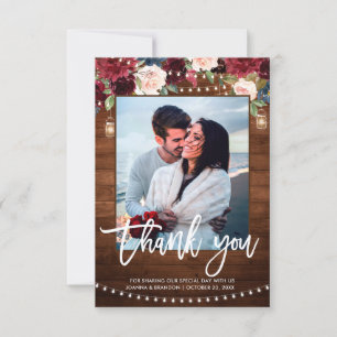 Burgundy Navy Floral Rustic String Light Wedding Thank You Card
