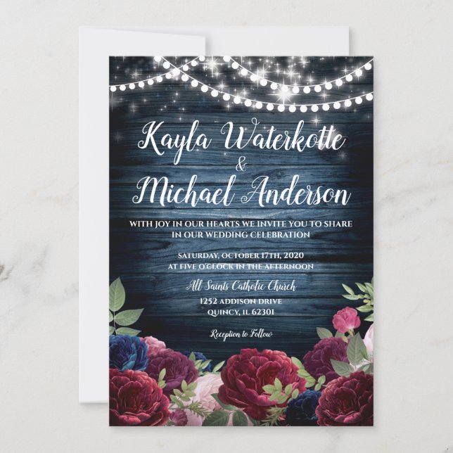 Burgundy & Navy Floral Rustic Wedding Invite (Front)