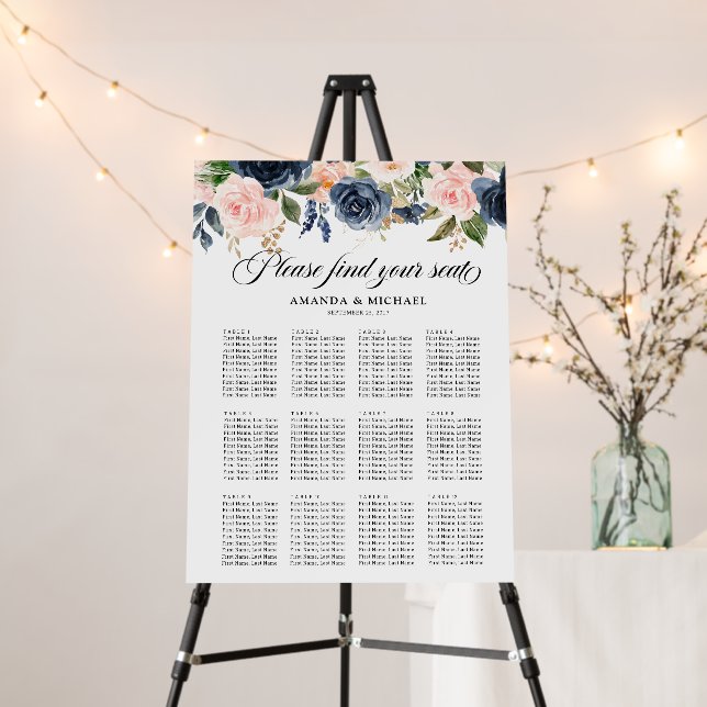 Burgundy Navy Floral Rustic Wedding Seating Chart Foam Board (In Situ (Stand))