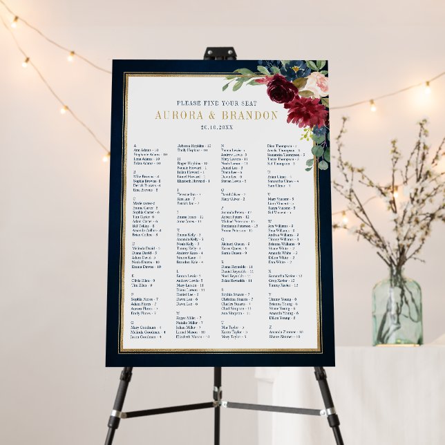 Burgundy Navy Floral Rustic Wedding Seating Chart Foam Board (In Situ (Stand))