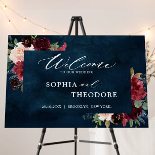 Burgundy Navy Floral Rustic Wedding Welcome Foam B Board