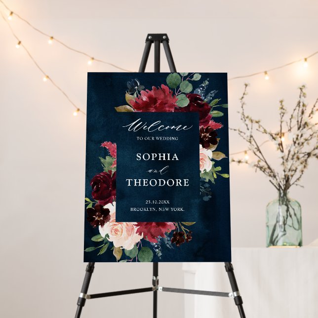 Burgundy Navy Floral Rustic Wedding Welcome Foam Board (In Situ (Stand))