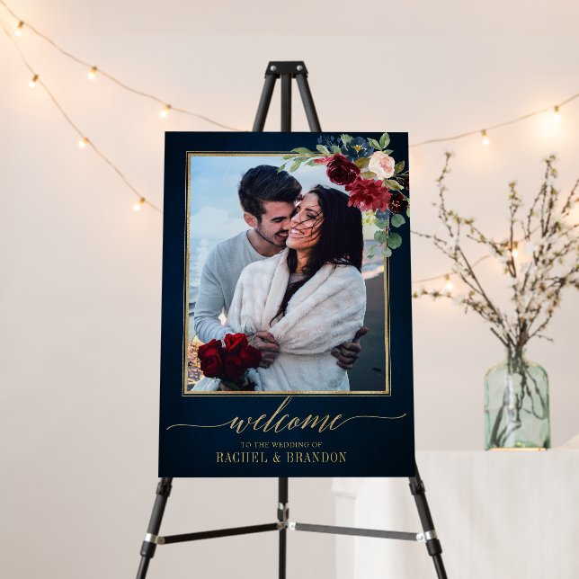 Burgundy Navy Floral Rustic Wedding Welcome Foam Board (In Situ (Stand))