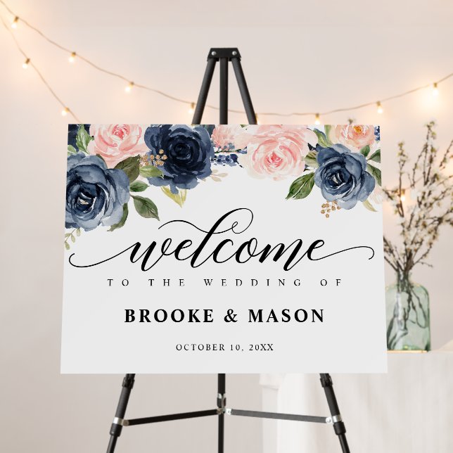 Burgundy Navy Floral Rustic Wedding Welcome Foam Board (In Situ (Stand))