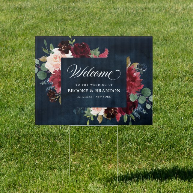 Burgundy Navy Floral Rustic Wedding Welcome Sign (Insitu)