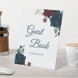 Burgundy & Navy Floral Rustic Wood Guest Book Sign