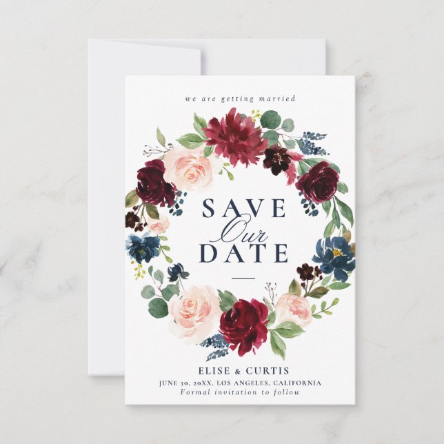 burgundy navy floral save the date card (Front)