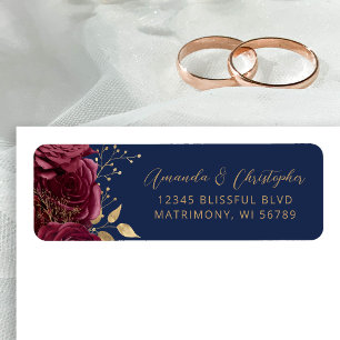 Burgundy Navy Floral Script Wedding Return Address Label