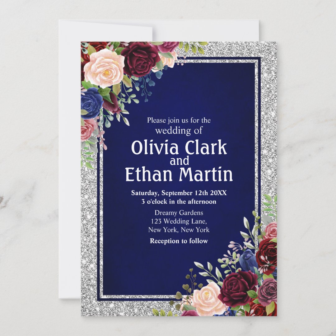 Burgundy Navy Floral Silver Frame Invitation | Zazzle
