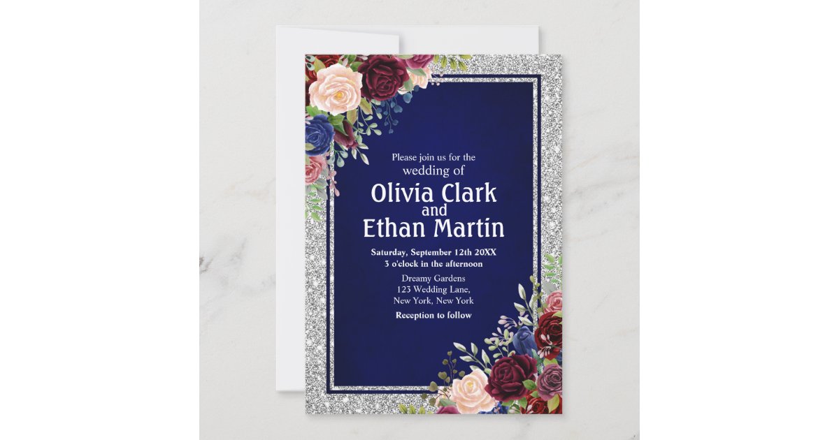 Burgundy Navy Floral Silver Frame Invitation | Zazzle