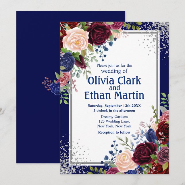 Burgundy Navy Floral Silver Glitter Invitation (Front/Back)