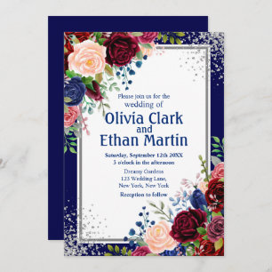 Burgundy Navy Floral Silver Glitter Invitation