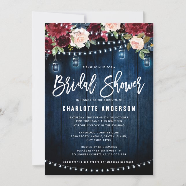Burgundy Navy Floral String Light Bridal Shower Invitation (Front)