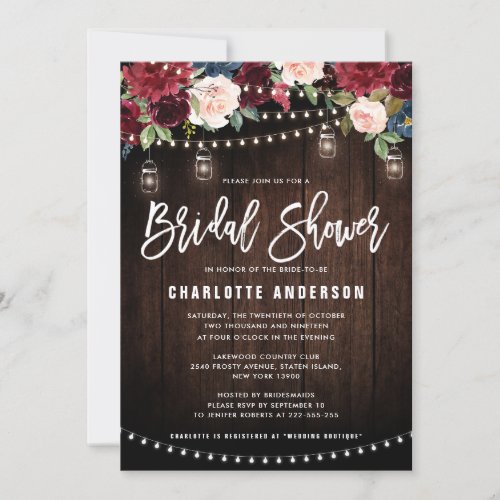 Burgundy Navy Floral String Light Bridal Shower Invitation