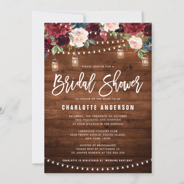Burgundy Navy Floral String Light Bridal Shower Invitation (Front)