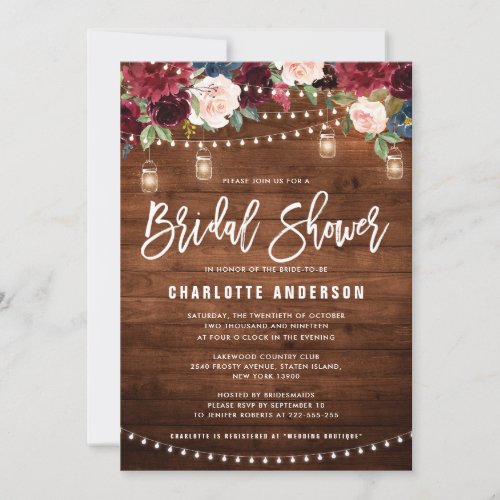 Burgundy Navy Floral String Light Bridal Shower Invitation